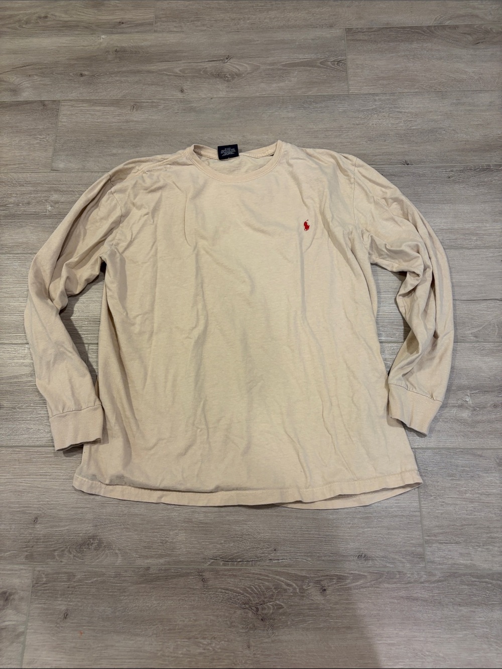 Polo by Ralph Lauren Long Sleeve Crewneck Tee in Beige with Red Pony